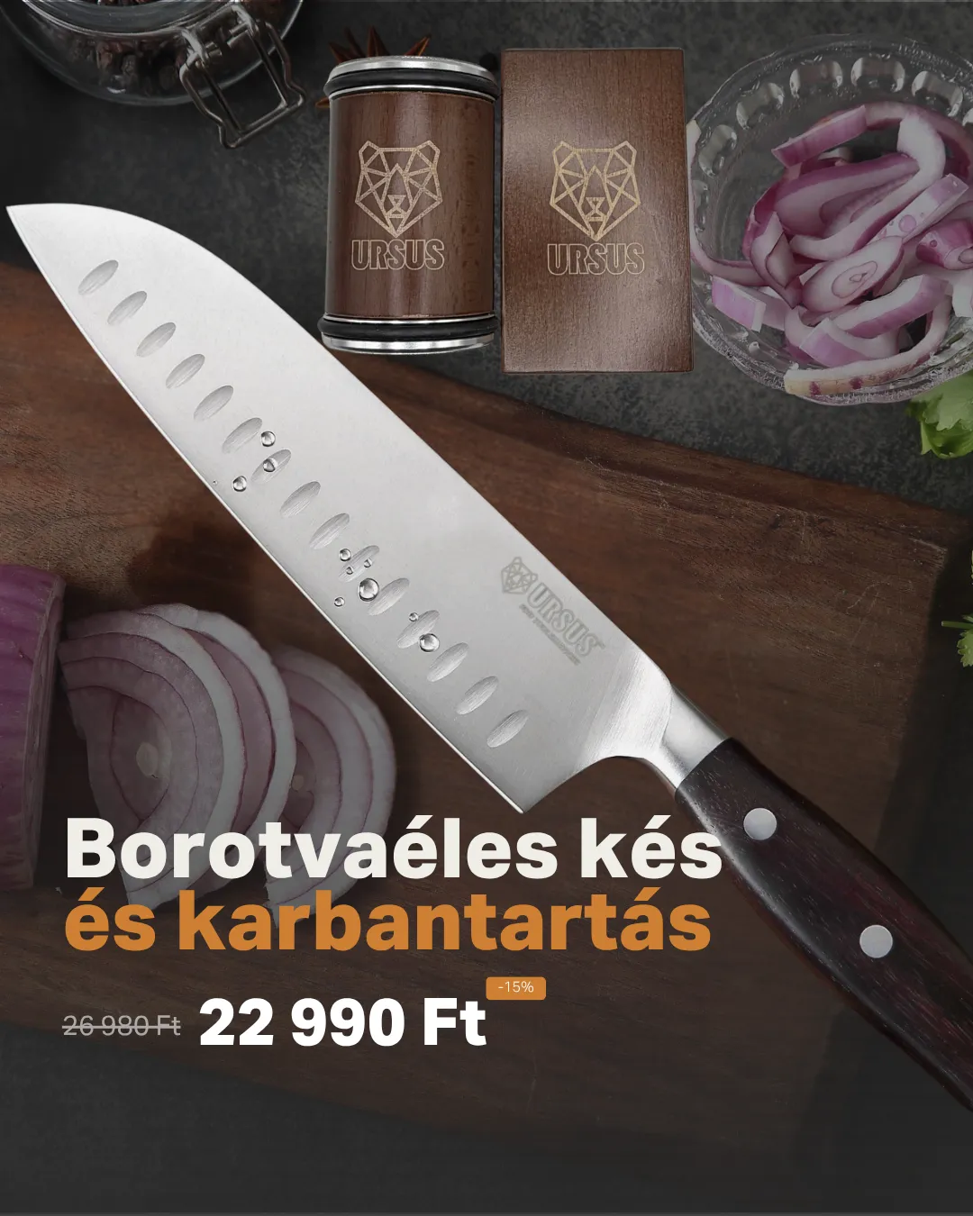 ZUO 7 Acél Santoku Kés + Gördülő tárcsás késélező